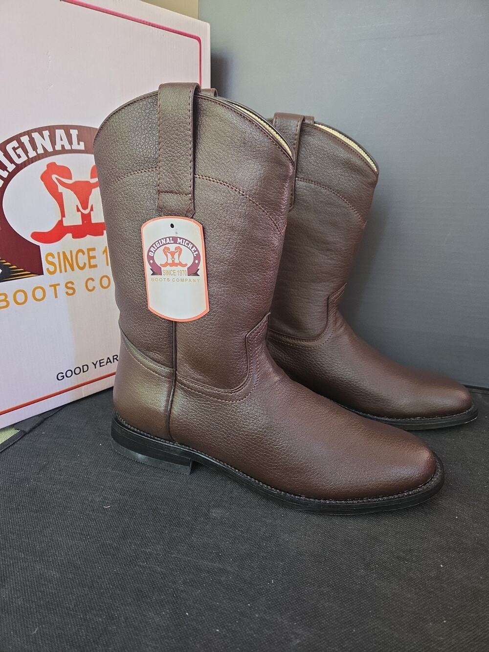 Original Michael Almond Toe Leather Cowboy Boots Mens Brown Color US Size 9